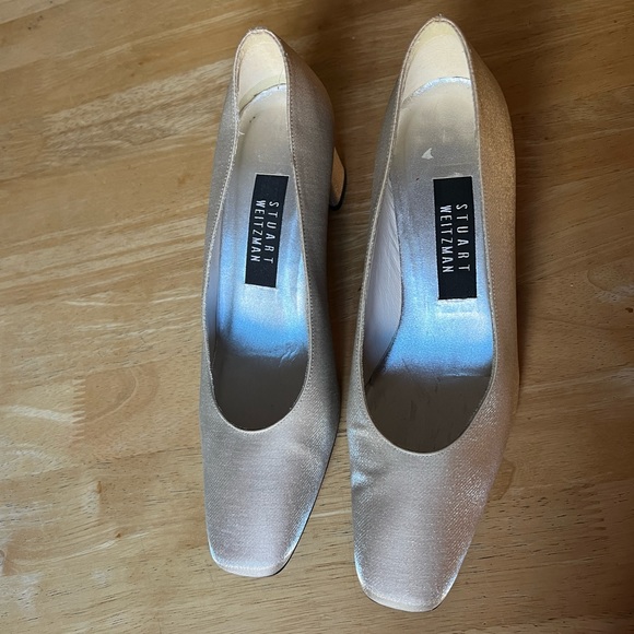 Stuart Weitzman vintage leather sole square toe shimmer Tan three inch heels 8.5 - Picture 2 of 5